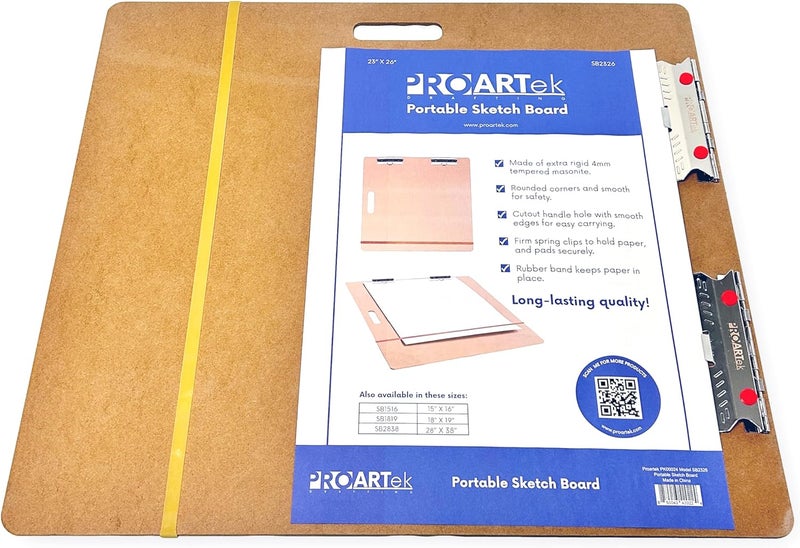 Proartek PK00024 Model SB2326 SB Series 23" x 26" Artist Sketch Board, Brown; 4mm Tempered Masonite; Constructed with a Cutout Handle; Smooth Edges; Firm Spring Clips; Rubber Band Included - Image 1